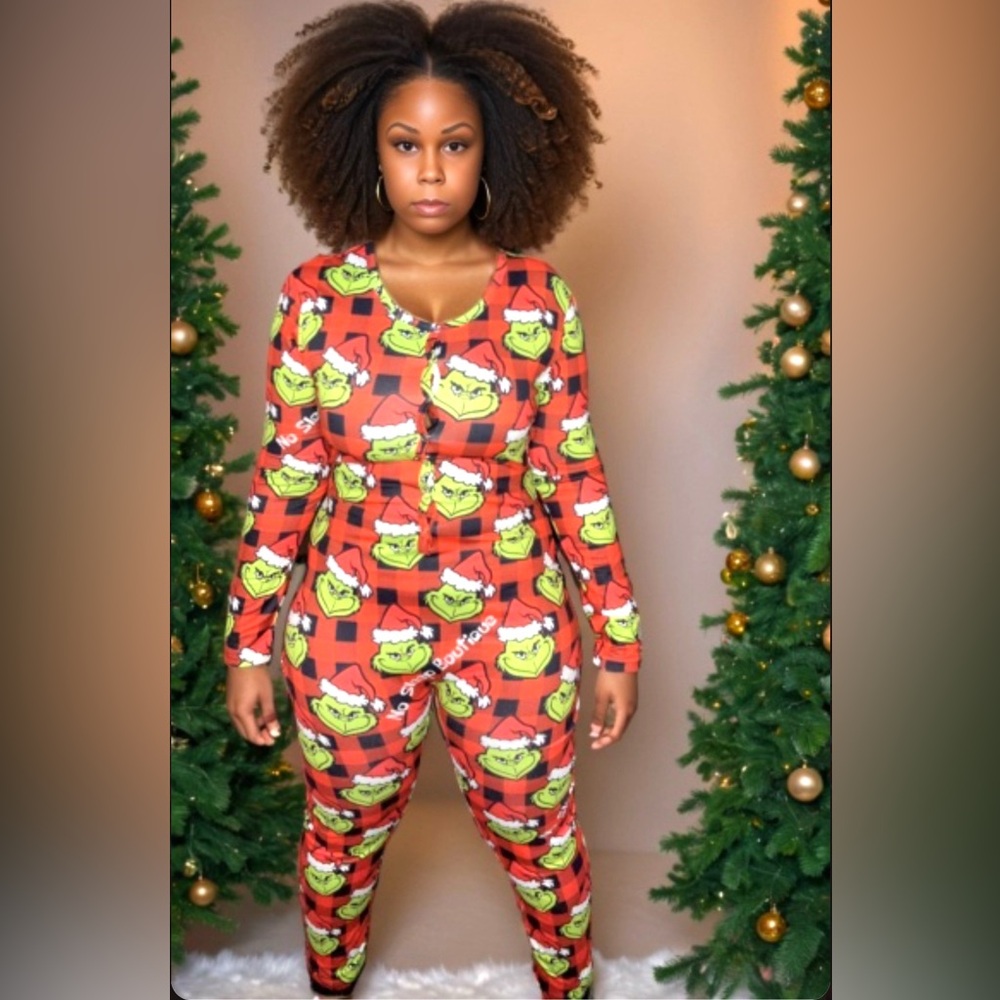 Women’s long sleeves pants romper Christmas plaid Grinch themed onesie.